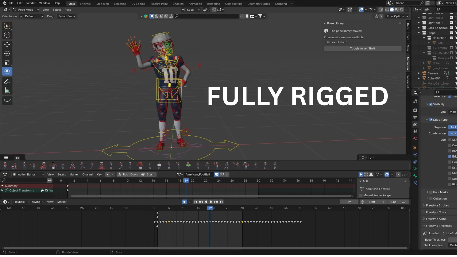 Fully rigged cartoon NFL sport player 3D character in Blender with rig controls